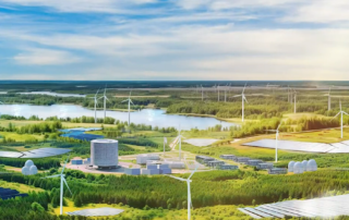 Symbolbild eines Net Zero Valleys mit Windrädern, Stromspeichern und Solaranlagen (Abbildung: Lausitz Marketing AG)